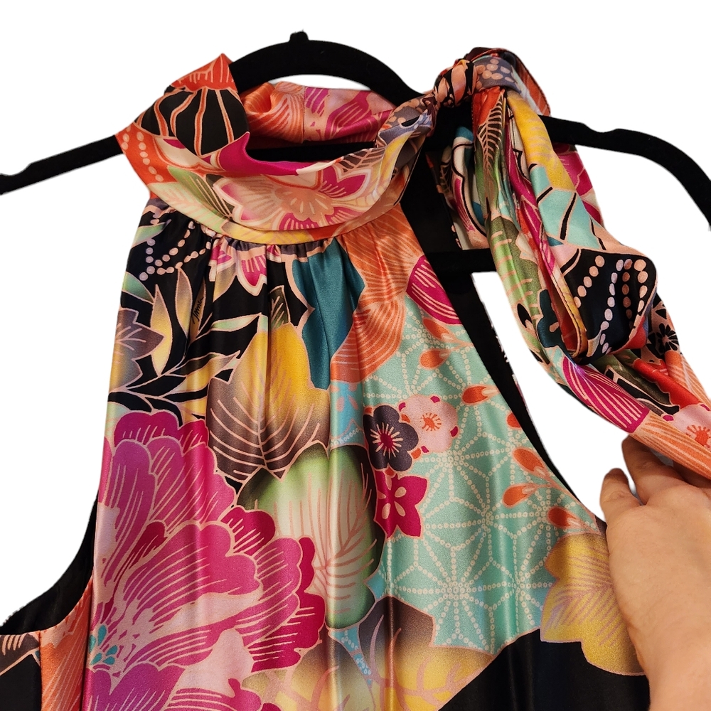 *NWT* Trina Turk 100% Silk Multicolored Tie-Neck Scarf Midi Dress - Picture 7 of 12